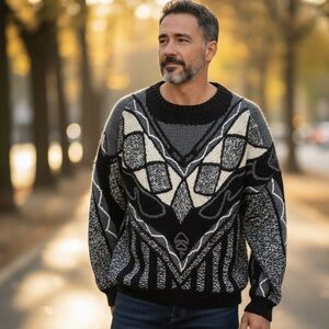 NOVO Vintage 80's Textured Sweater Mens Large Black Gray Cream Chunky 3D VTG